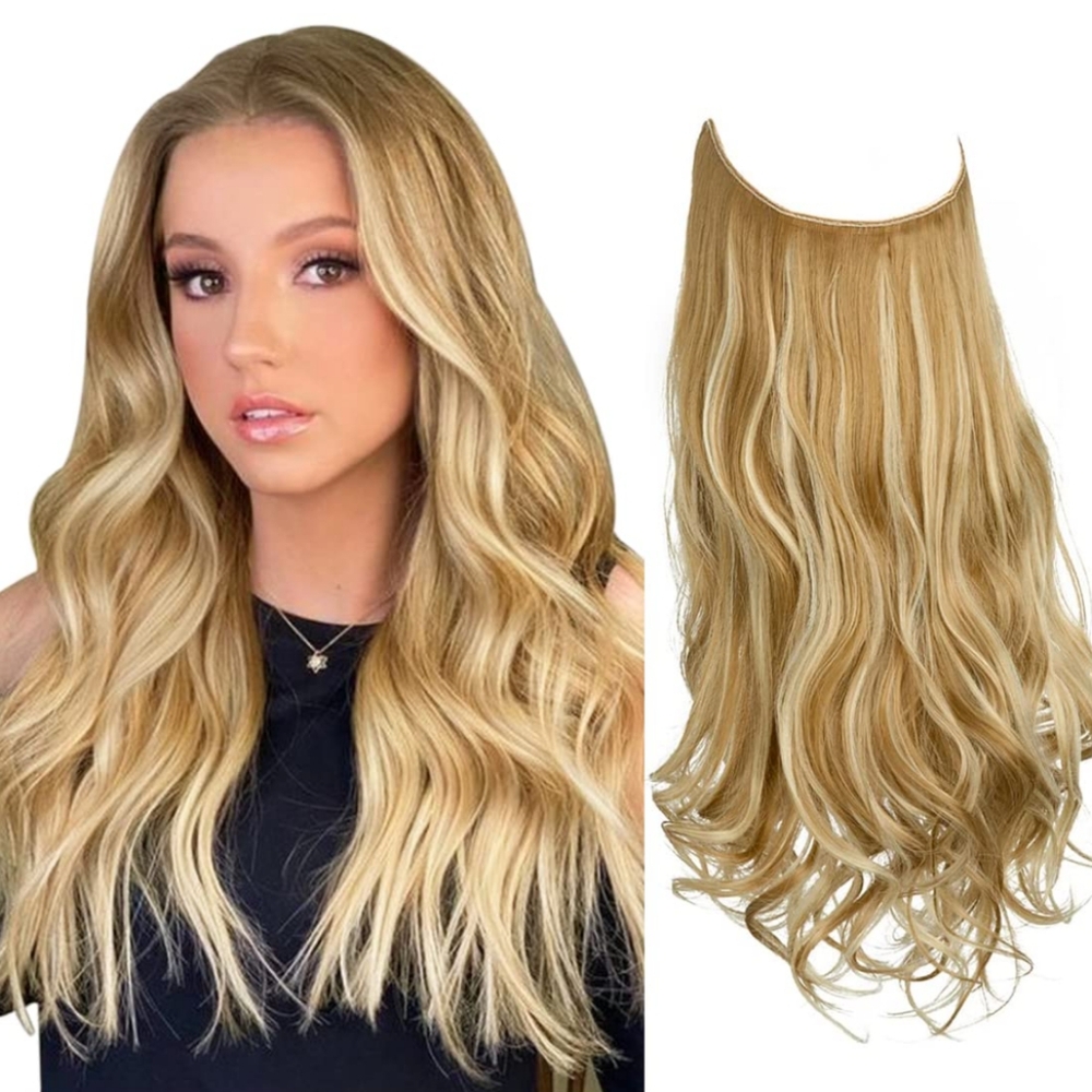 💛 Hiara Extensions Invisible Seamless Blend Halo Wavy Blonde Highlights Wig